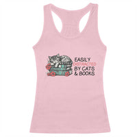 Easily Distracted By Cats And Books Racerback Tank Top Lazy Kitty Book Lover - Wonder Print Shop