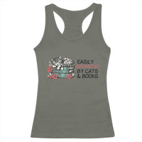 Easily Distracted By Cats And Books Racerback Tank Top Lazy Kitty Book Lover - Wonder Print Shop