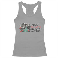 Easily Distracted By Cats And Books Racerback Tank Top Lazy Kitty Book Lover - Wonder Print Shop