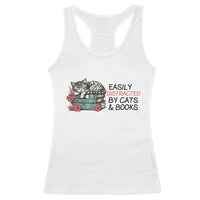 Easily Distracted By Cats And Books Racerback Tank Top Lazy Kitty Book Lover - Wonder Print Shop