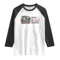 Easily Distracted By Cats And Books Raglan Shirt Lazy Kitty Book Lover - Wonder Print Shop