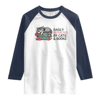 Easily Distracted By Cats And Books Raglan Shirt Lazy Kitty Book Lover - Wonder Print Shop