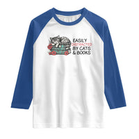 Easily Distracted By Cats And Books Raglan Shirt Lazy Kitty Book Lover - Wonder Print Shop