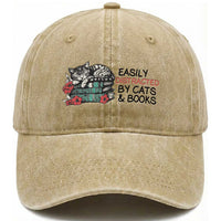 Easily Distracted By Cats And Books Washed Cotton Baseball Cap Lazy Kitty Book Lover