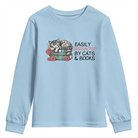 Easily Distracted By Cats And Books Youth Sweatshirt Lazy Kitty Book Lover - Wonder Print Shop