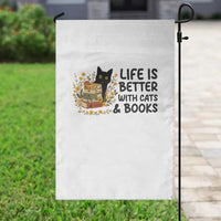 Life Is Better With Cats And Books Garden Flag Funny Black Cat Book Lover - Wonder Print Shop