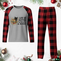 Life Is Better With Cats And Books Plaid Pajama Set Funny Black Cat Book Lover - Wonder Print Shop