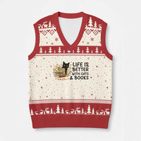 Life Is Better With Cats And Books V-Neck Knit Sweater Vest Funny Black Cat Book Lover - Wonder Print Shop