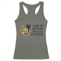 Life Is Better With Cats And Books Racerback Tank Top Funny Black Cat Book Lover - Wonder Print Shop