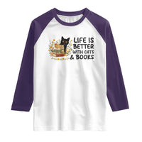 Life Is Better With Cats And Books Raglan Shirt Funny Black Cat Book Lover - Wonder Print Shop