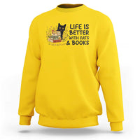 Life Is Better With Cats And Books Sweatshirt Funny Black Cat Book Lover - Wonder Print Shop