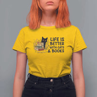 Life Is Better With Cats And Books T Shirt For Women Funny Black Cat Book Lover - Wonder Print Shop