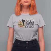 Life Is Better With Cats And Books T Shirt For Women Funny Black Cat Book Lover - Wonder Print Shop