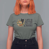Life Is Better With Cats And Books T Shirt For Women Funny Black Cat Book Lover - Wonder Print Shop