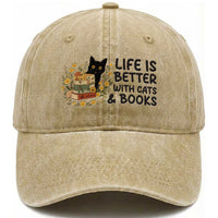 Life Is Better With Cats And Books Washed Cotton Baseball Cap Funny Black Cat Book Lover
