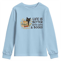 Life Is Better With Cats And Books Youth Sweatshirt Funny Black Cat Book Lover - Wonder Print Shop