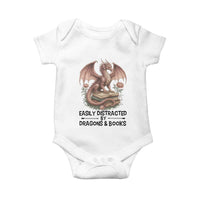 Easily Distracted By Dragon And Books Baby Onesie Funny Book Lover - Wonder Print Shop