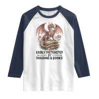 Easily Distracted By Dragon And Books Raglan Shirt Funny Book Lover - Wonder Print Shop