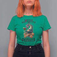 Easily Distracted By Dragon And Books T Shirt For Women Cute Book Lover Gift - Wonder Print Shop
