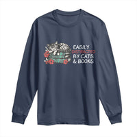 Easily Distracted By Cats And Books Long Sleeve Shirt Funny Book Lover Gift - Wonder Print Shop