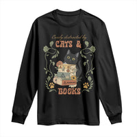 Cute Bookworm Gift Long Sleeve Shirt Easily Distracted By Cats And Books - Wonder Print Shop