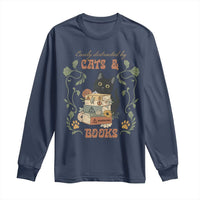 Cute Bookworm Gift Long Sleeve Shirt Easily Distracted By Cats And Books - Wonder Print Shop
