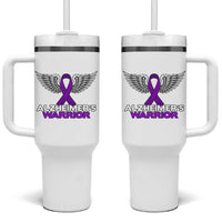 Alzheimers Warrior Tumbler With Handle Purple Ribbon Angel Wings Memory Support Gift