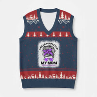 I Wear Purple For My Mom V-Neck Knit Sweater Vest Alzheimers Awareness Messy Bun Graphic