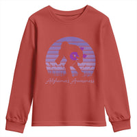Vintage Bigfoot Alzheimers Awareness Youth Sweatshirt Purple Ribbon Support Graphic