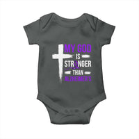 My God Is Stronger Than Alzheimers Baby Onesie Christian Purple Ribbon Faith Support