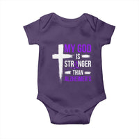 My God Is Stronger Than Alzheimers Baby Onesie Christian Purple Ribbon Faith Support