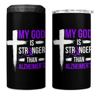 My God Is Stronger Than Alzheimers 4 in 1 Can Cooler Tumbler Christian Purple Ribbon Faith Support