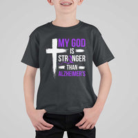 My God Is Stronger Than Alzheimers T Shirt For Kid Christian Purple Ribbon Faith Support