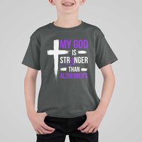 My God Is Stronger Than Alzheimers T Shirt For Kid Christian Purple Ribbon Faith Support