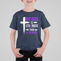 My God Is Stronger Than Alzheimers T Shirt For Kid Christian Purple Ribbon Faith Support
