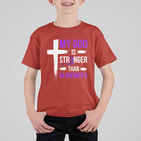 My God Is Stronger Than Alzheimers T Shirt For Kid Christian Purple Ribbon Faith Support