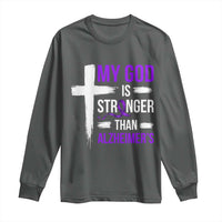 My God Is Stronger Than Alzheimers Long Sleeve Shirt Christian Purple Ribbon Faith Support