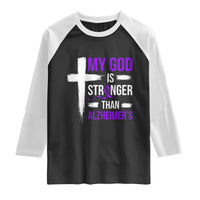 My God Is Stronger Than Alzheimers Raglan Shirt Christian Purple Ribbon Faith Support