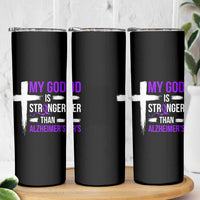 My God Is Stronger Than Alzheimers Skinny Tumbler Christian Purple Ribbon Faith Support