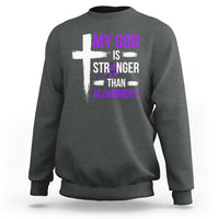 My God Is Stronger Than Alzheimers Sweatshirt Christian Purple Ribbon Faith Support