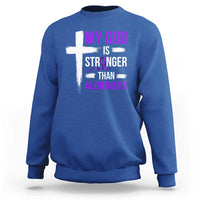 My God Is Stronger Than Alzheimers Sweatshirt Christian Purple Ribbon Faith Support
