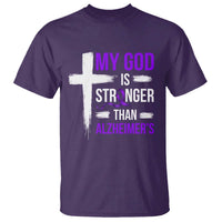 My God Is Stronger Than Alzheimers T Shirt Christian Purple Ribbon Faith Support