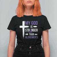 My God Is Stronger Than Alzheimers T Shirt For Women Christian Purple Ribbon Faith Support