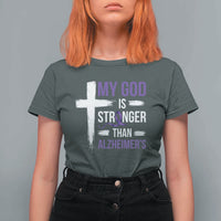 My God Is Stronger Than Alzheimers T Shirt For Women Christian Purple Ribbon Faith Support
