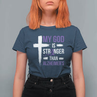 My God Is Stronger Than Alzheimers T Shirt For Women Christian Purple Ribbon Faith Support