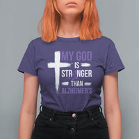 My God Is Stronger Than Alzheimers T Shirt For Women Christian Purple Ribbon Faith Support