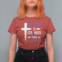 My God Is Stronger Than Alzheimers T Shirt For Women Christian Purple Ribbon Faith Support