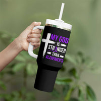 My God Is Stronger Than Alzheimers Tumbler With Handle Christian Purple Ribbon Faith Support