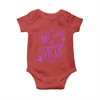 My God Is Stronger Than Alzheimers Baby Onesie Faith Hope Purple Ribbon Graphic