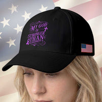 My God Is Stronger Than Alzheimers Baseball Cap Faith Hope Purple Ribbon Graphic